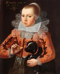 Flemish School,dated 1628, PORTRAIT OF A GIRL WITH A KING CHARLES SPANIEL, Oil on panel