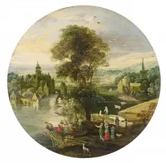 attributed to Philippe de Momper, LANDSCAPE WITH WATER CASTLE, Oil on panel