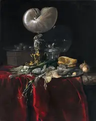 Willem van Aelst, STILL LIFE WITH FISH, BREAD, AND A NAUTILUS CUP, Oil on canvas (relined)