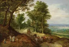 Pieter Gysels, LANDSCAPE WITH CARTS AND FIGURES, Oil on panel, mounted on another panel and parquetted