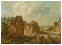 Pieter Gysels, VILLAGE STREET WITH HORSEMEN AND PEASANTS, Oil on copper