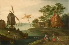 Pieter Gysels, RIVER LANDSCAPE WITH WIND-MILL, Oil on panel (parquetted)