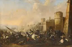 German School, second half 17th Century, BATTLE SCENE IN FRONT OF A TOWN WALL, Oil on canvas (relined)