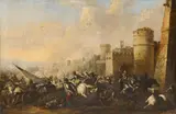 German School, second half 17th Century, BATTLE SCENE IN FRONT OF A TOWN WALL, Oil on canvas (relined)