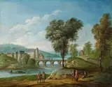 Jan Frans van Bredael, LANDSCAPE WITH CASTLE AND BRIDGE, Oil on copper