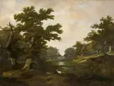 German School early 19th century, WOODED LANDSCAPE WITH DEERS AND A WHITE STAG, Oil on canvas (relined)