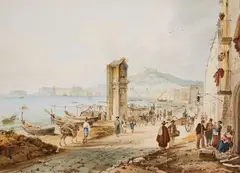 Achille Vianelli, STREET AT THE BAY OF NAPLES, Watercolour