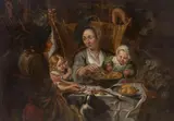 A PEASANT FAMILY DINING IN AN INTERIOR TWO CHILDREN WITH A DOG, CHICKEN REPELLENT by follower of Jacob Jordaens, Oil on canvas (relined). 99.5 x 142 resp, sold Mar 2013