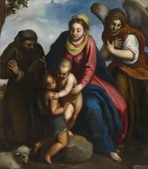 Jacopo Negretti, called Palma il Giovane, attributed to, THE VIRGIN WITH SAINT JOHN, SAINT FRACIS AND AN ANGEL, Oil on canvas (relined)