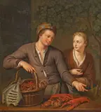 Netherlandish School 17th century, FISHMONGER WITH CRAYFISH AND FISHES