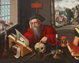 SAINT JEROME IN THE STUDY by studio of Marinus van Reymerswale, Oil on wood (formerly parquetted), sold Mar 2013