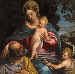 Venetian School, late 16th century, THE HOLY FAMILY WITH THE INFANT SAINT JOHN, Oil on canvas (relined)