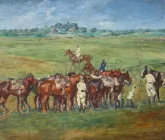 August Deusser, WIDE LANDSCAPE WITH CAVALRY TRAINING, Oil on canvas (relined)