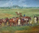 August Deusser, WIDE LANDSCAPE WITH CAVALRY TRAINING, Oil on canvas (relined)