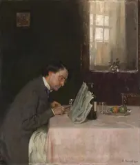 Arthur Kampf, READING A NEWSPAPER, Oil on canvas