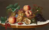 A PAIR OF STILL LIFES WITH FRUITS by Ange Louis Guillaume Lesourd-Beauregard, Oil on paper, mounted on cardboard. 21.5 x 35 and, sold Mar 2013