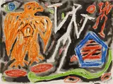 A. R. Penck, Mann Adler Pentagon Theorie, Ink and oil crayon on chamois coloured wove cardboard