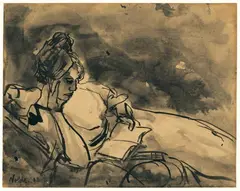 Emil Nolde, Lesende, Watercolour in black, washed India ink, on fine ribbed laid paper