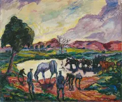 Otto Beyer, Sanitäter mit Pferden, Oil on canvas