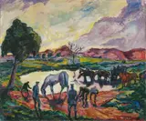 Otto Beyer, Sanitäter mit Pferden, Oil on canvas