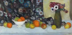 Früchtestillleben mit geblümtem Stoff und Vase by Emil Orlík, Oil on canvas, sold Dec 2012