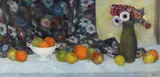 Emil Orlík, Früchtestillleben mit geblümtem Stoff und Vase