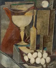 Tato, Natura (Stilleben mit Kanne und Glas), Oil on wood, partly scratched