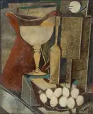 Tato, Natura (Stilleben mit Kanne und Glas), Oil on wood, partly scratched
