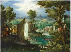 Jan Brueghel the Elder, RIVER LANDSCAPE WITH BATHING FIGURES AND BOATS, Oil on copper