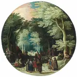 WOODED LANDSCAPE WITH JOHN THE BAPTIST PREACHING WOODED LANDSCAPE WITH NOBLEMEN by circle of Jasper van der Lanen, Oil on panel, sold Nov 2012