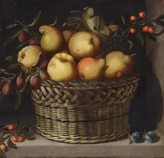 Juan van der Hamen, APPLES, QUINCES, PLUMS AND CHERRIES IN A BASKET, Oil on canvas (relined)