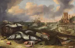 Willem Ormea and Abraham Willaerts, FISH STILL LIFE WITH STORMY SEA, Oil on canvas (relined)