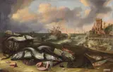 Willem Ormea and Abraham Willaerts, FISH STILL LIFE WITH STORMY SEA, Oil on canvas (relined)