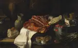 STILL LIFE WITH MEAT, BREAD, CHERRIES AND OTHER OBJECTS IN A KITCHEN INTERIOR by circle of Francisco Barranco, Oil on canvas (relined), sold Nov 2012