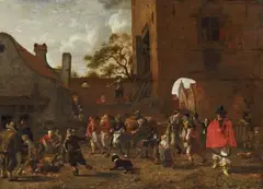 Sybrand van Beest, A MARKET SCENE IN FRONT OF A TOWN GATE, Oil on panel (parqueted)