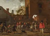 Sybrand van Beest, A MARKET SCENE IN FRONT OF A TOWN GATE, Oil on panel (parqueted)