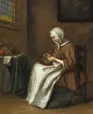 Netherlandish School 17th century, YOUNG WOMAN SEWING