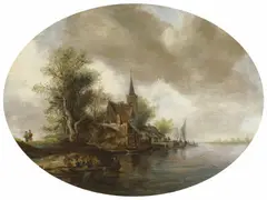 Frans de Hulst, RIVER LANDSCAPE WITH CHURCH AND FERRY BOAT, Oil on panel