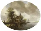 Frans de Hulst, RIVER LANDSCAPE WITH CHURCH AND FERRY BOAT, Oil on panel