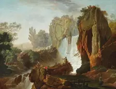 François Boher, LANDSCAPE WITH WATERFALL AND FIGURAL STAFFAGE, Oil on canvas (relined)