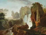 François Boher, LANDSCAPE WITH WATERFALL AND FIGURAL STAFFAGE, Oil on canvas (relined)