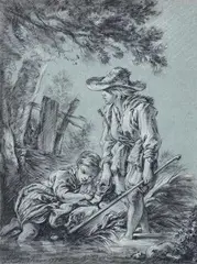 François Boucher, PASTORALE, Black chalk, heightened with white on blue paper