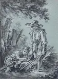 François Boucher, PASTORALE, Black chalk, heightened with white on blue paper