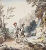 CHARLES AND ULBALDE WATCHING TWO NYMPHS BATHING by Johann Heinrich Tischbein the Elder, Pen and brown ink and watercolour, sold Nov 2012