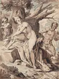 BATHING VENUS WITH CUPID AND PAN by Netherlandish School, 16th & 17th Century, Pen and brown and blue ink, sold Nov 2012