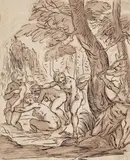 DIANA AND ACTEON by in the manner of Hans Rottenhammer, Pen and brown ink and wash on paper, mounted on thin card, sold Nov 2012