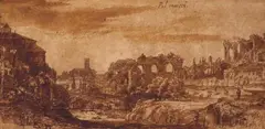 attributed to Bartholomeus Breenbergh, ANTIQUE RUINS ON A RIVER, Pen and brown ink on brown paper