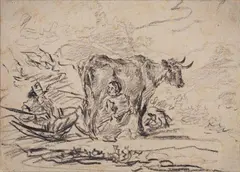 attributed to Aelbert Cuyp, FARMER MILKING, Charcoal on laid paper