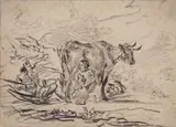 attributed to Aelbert Cuyp, FARMER MILKING, Charcoal on laid paper