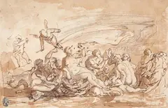 attributed to Raymond Lafage, THE TRIUMPH OF GALATEA, Pen and brown ink, mounted on laid paper